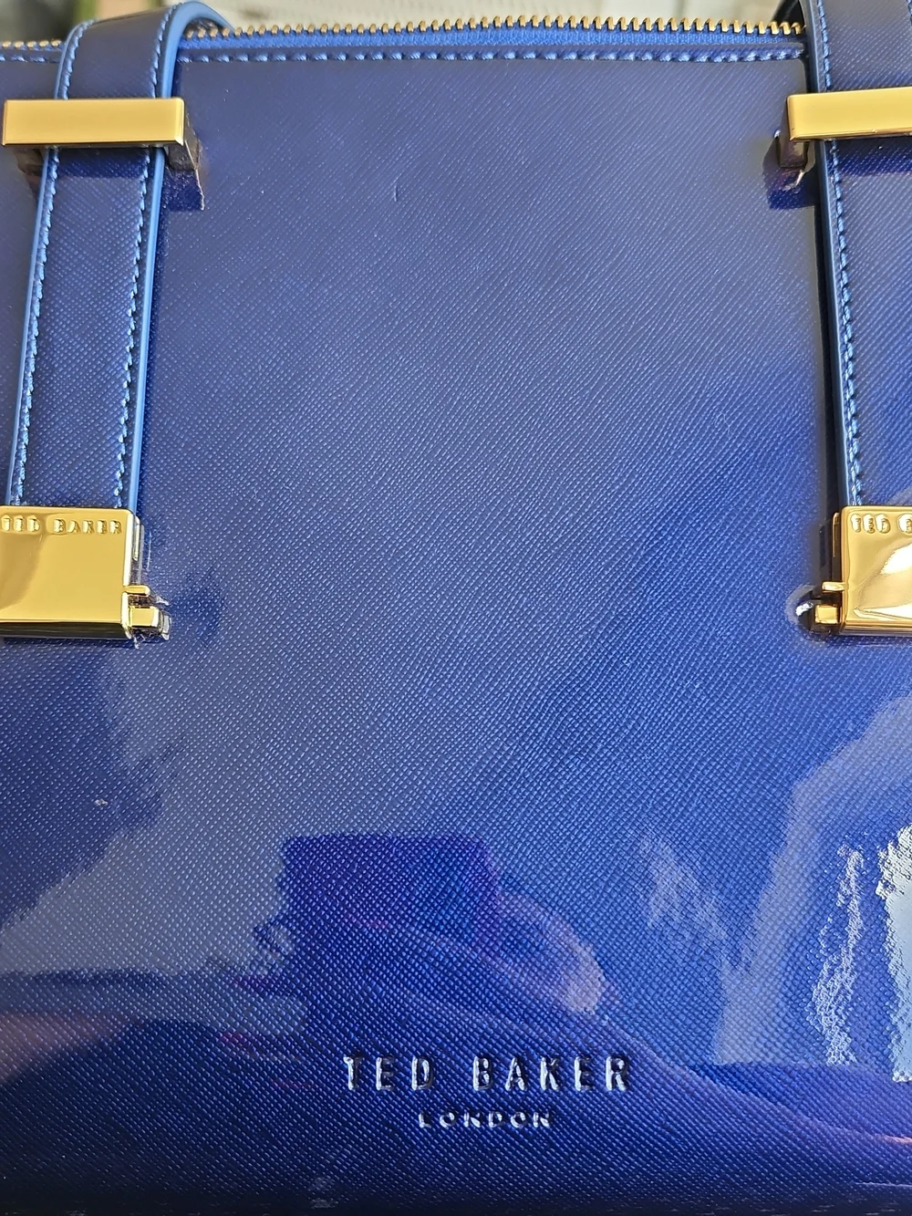 Ted Baker London Navy Patent Satchel with Gold Hardware, Authentic